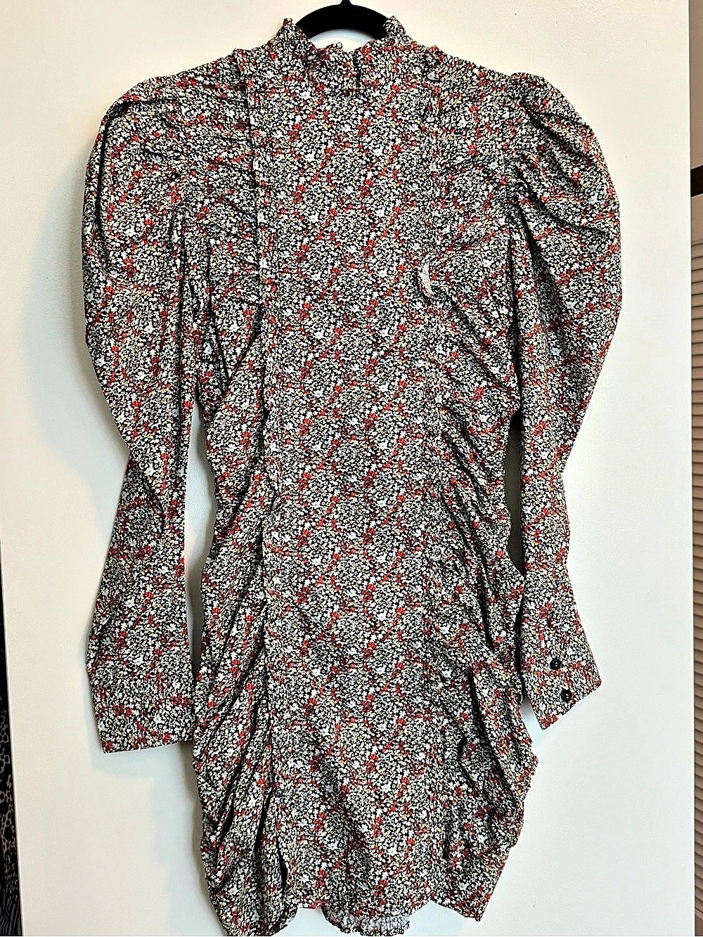 Ganni Printed Cotton Poplin Gathered Panel Wide Mini Shirt Dress Floral Black &